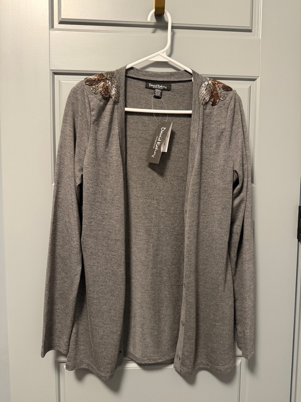 David Kahn Gray Open-Front Cardigan with Beaded Shoulder Detail